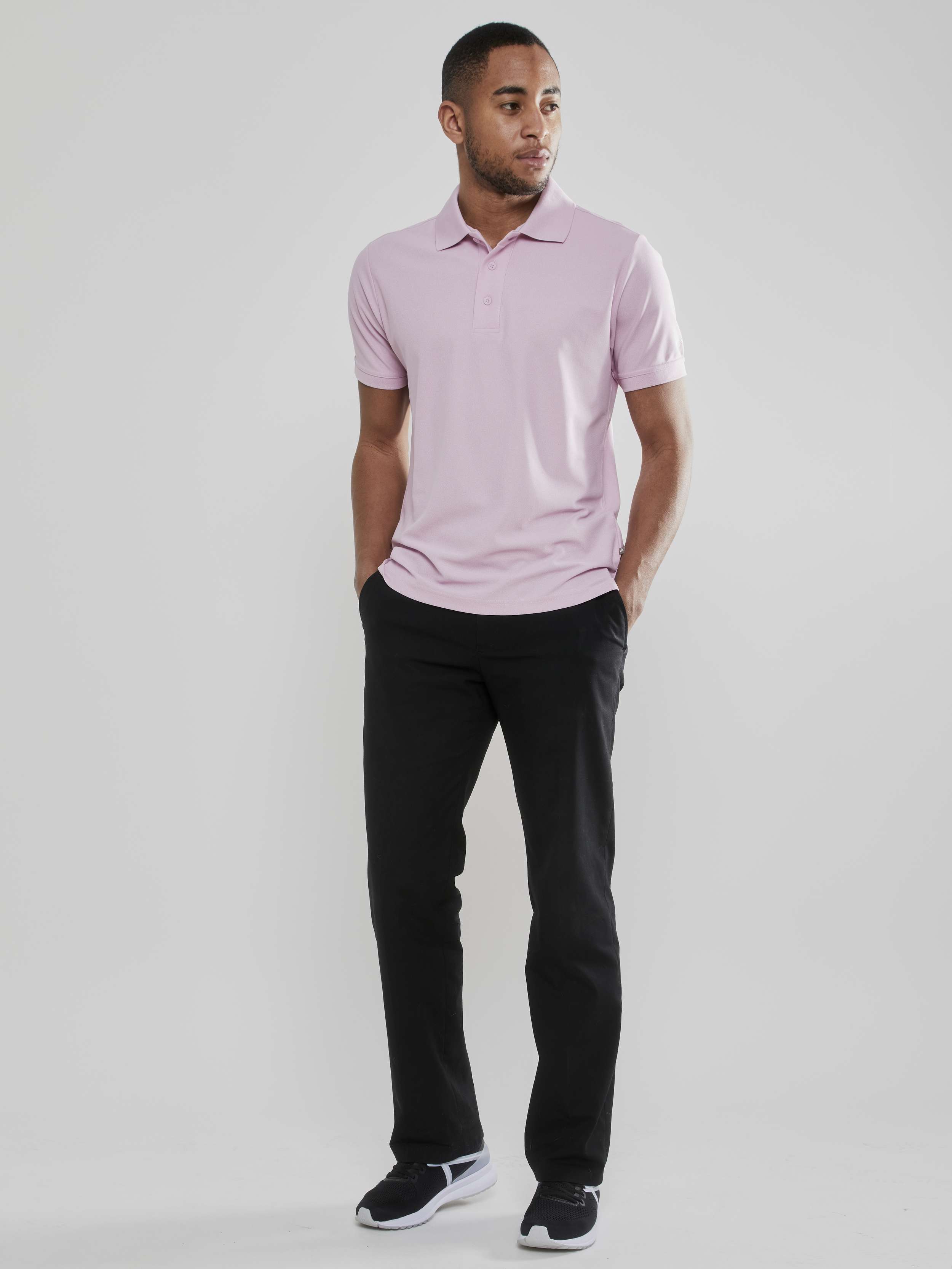 grey and pink polo shirt